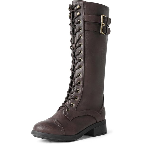 Women's Polyurethane Pu Georgia-brown Double buckle Knee High Riding Combat Boot - Picture 1 of 9